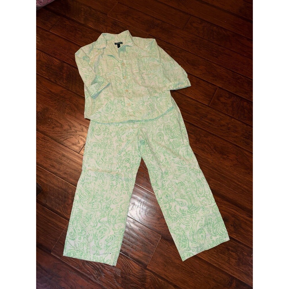 Vintage Lauren Ralph Lauren Green Paisley Pajama Set 100% Cotton Size Large